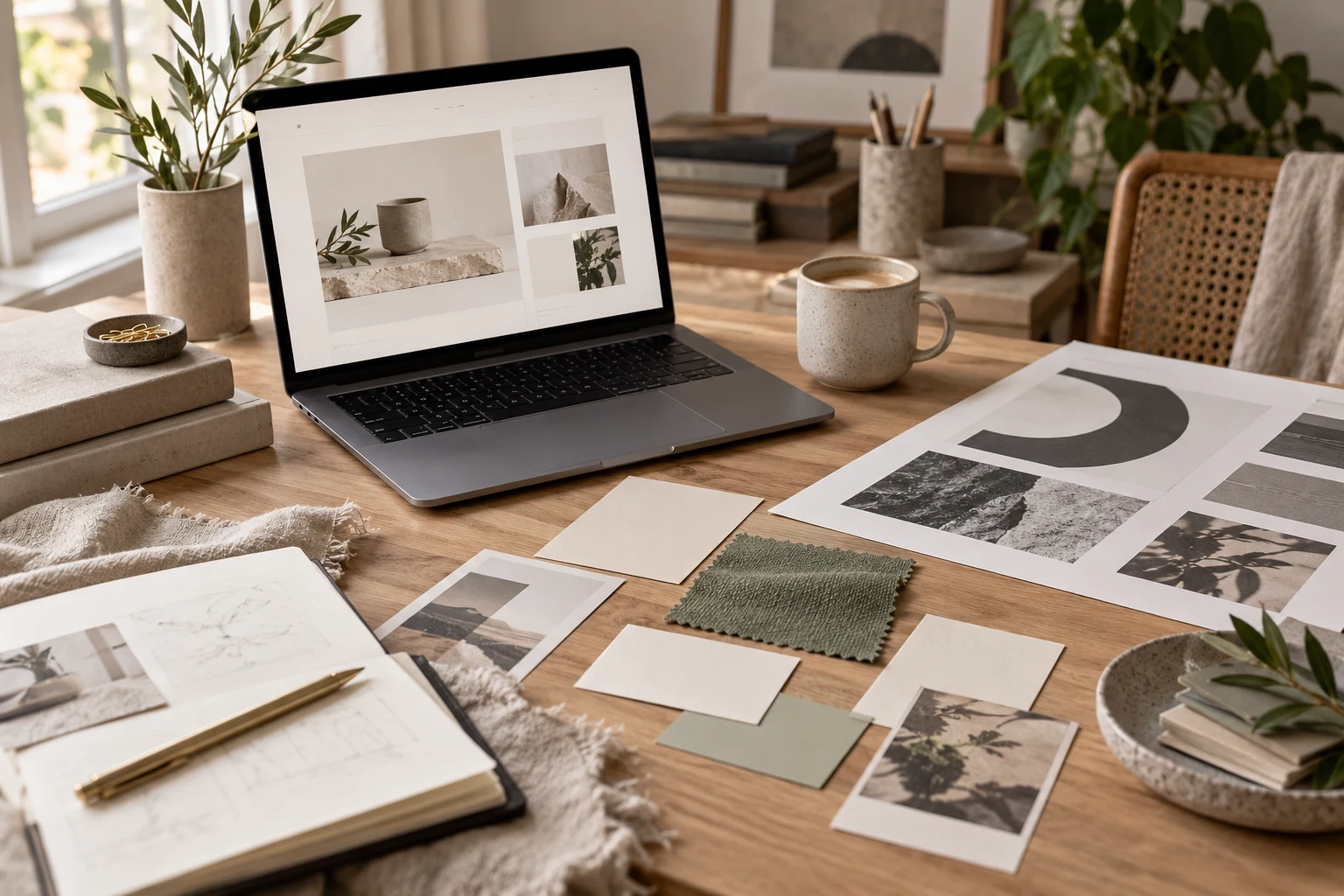 A design studio desk with a website preview, cream identity cards and sage material swatches