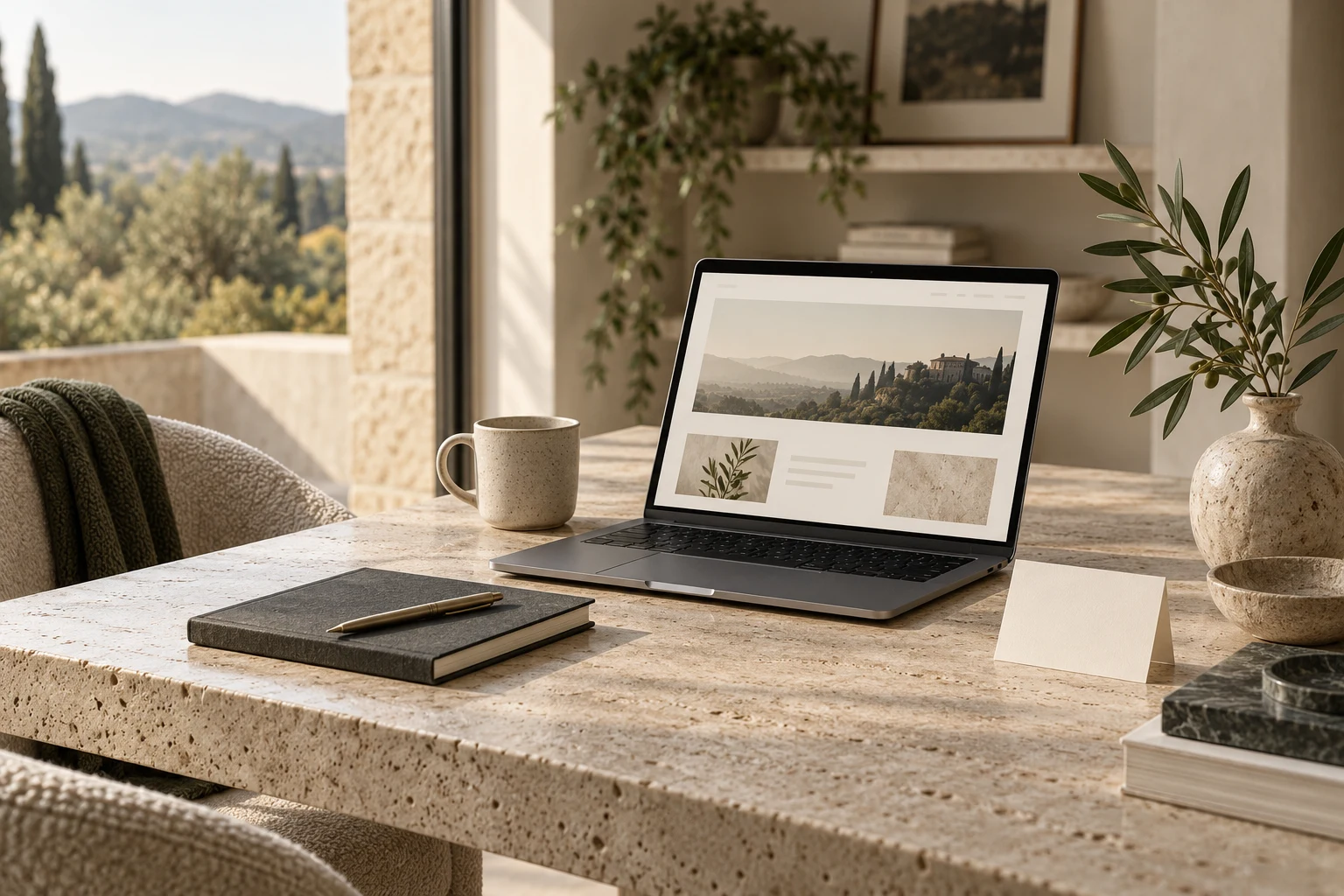 A quiet founder workspace with a laptop, ivory stationery and a charcoal notebook