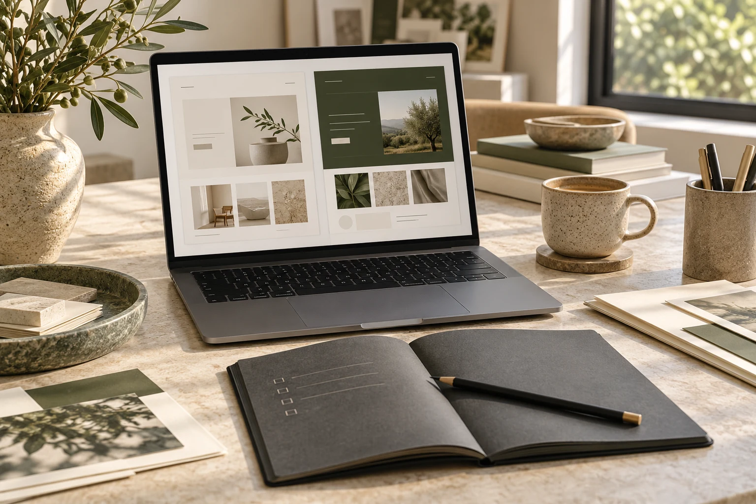 A laptop displaying two website directions beside a notebook and cream stationery