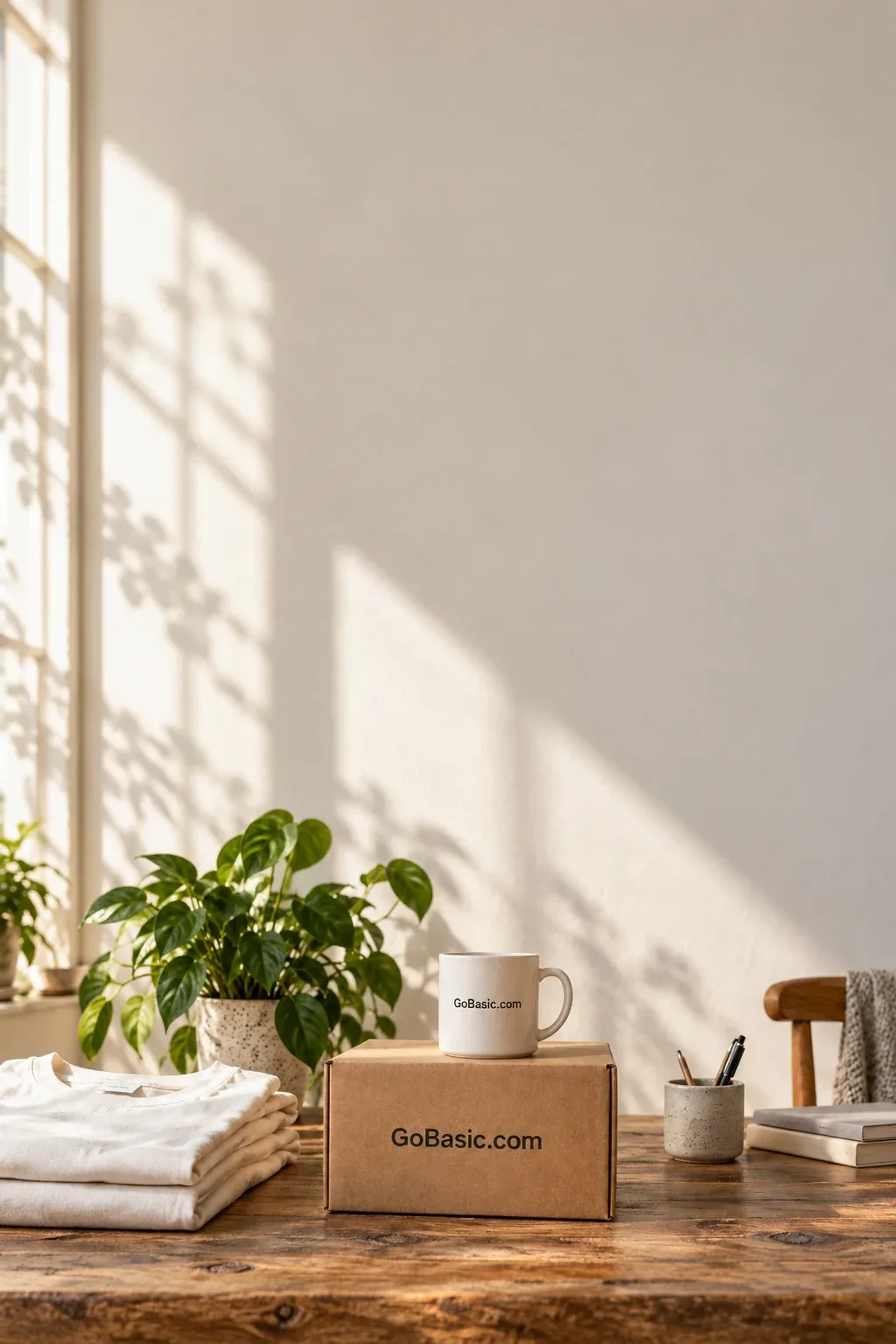 A GoBasic.com box and mug among useful everyday essentials