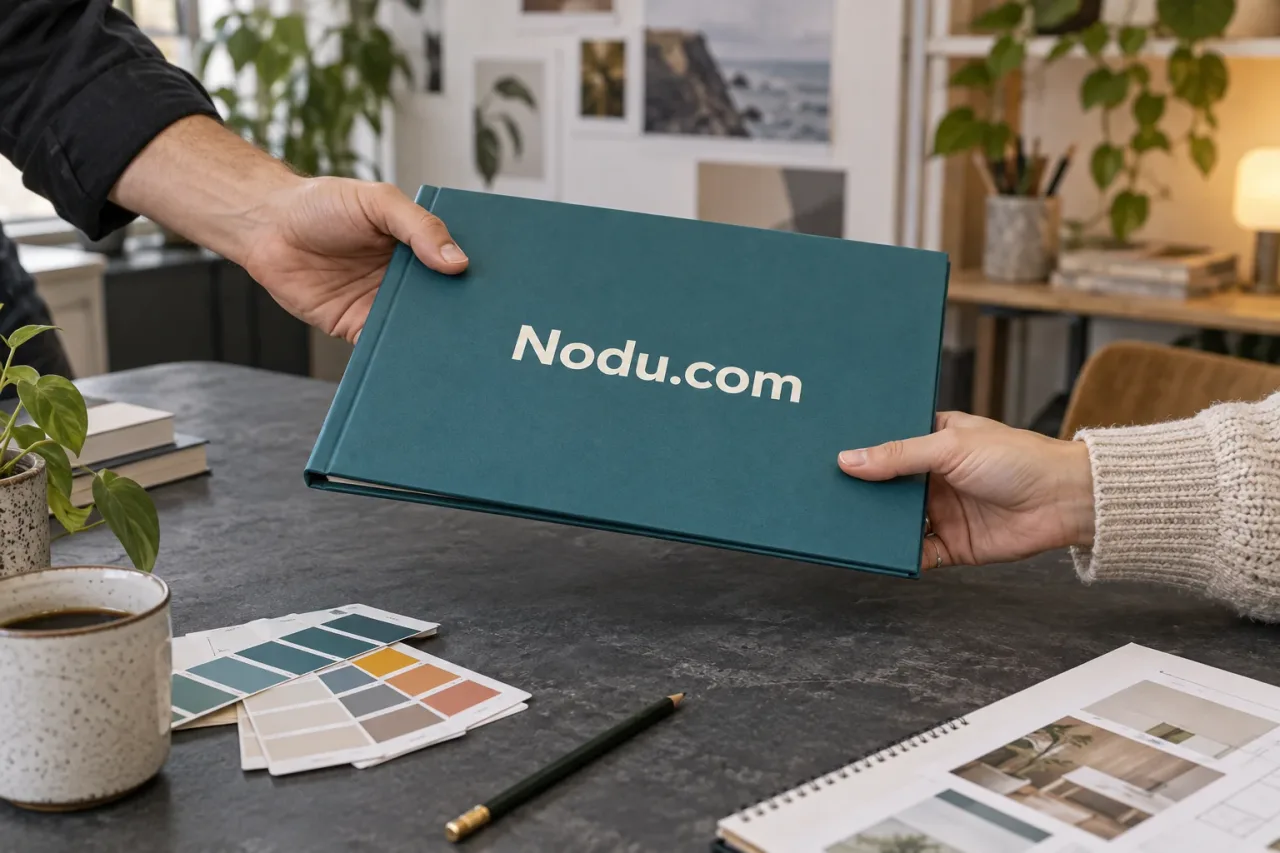 Creative agency materials arranged for a client handoff, with Nodu.com on the folder.