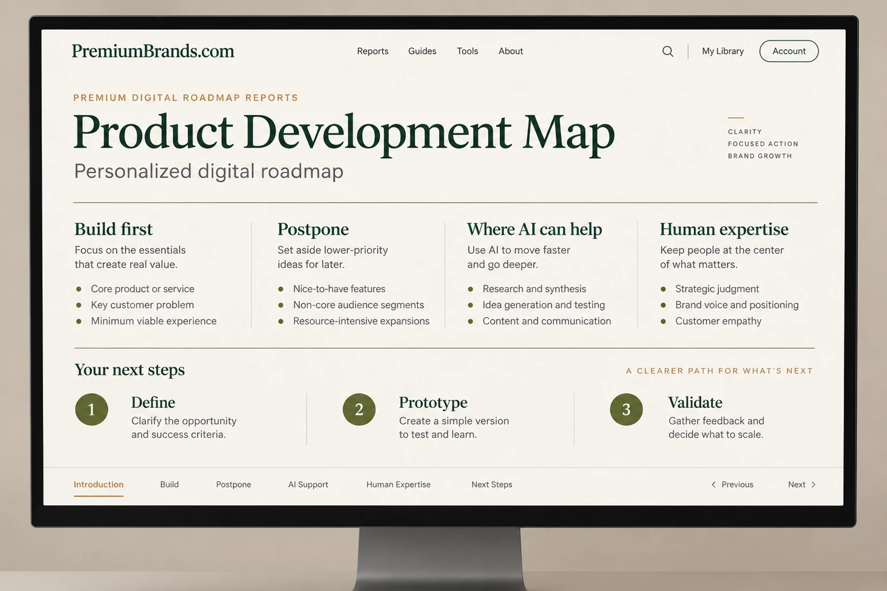 Product Development Map illustrated as a personalized digital report on screen