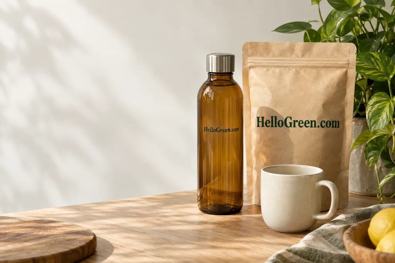 HelloGreen.com branded everyday essentials surrounded by sunlit greenery