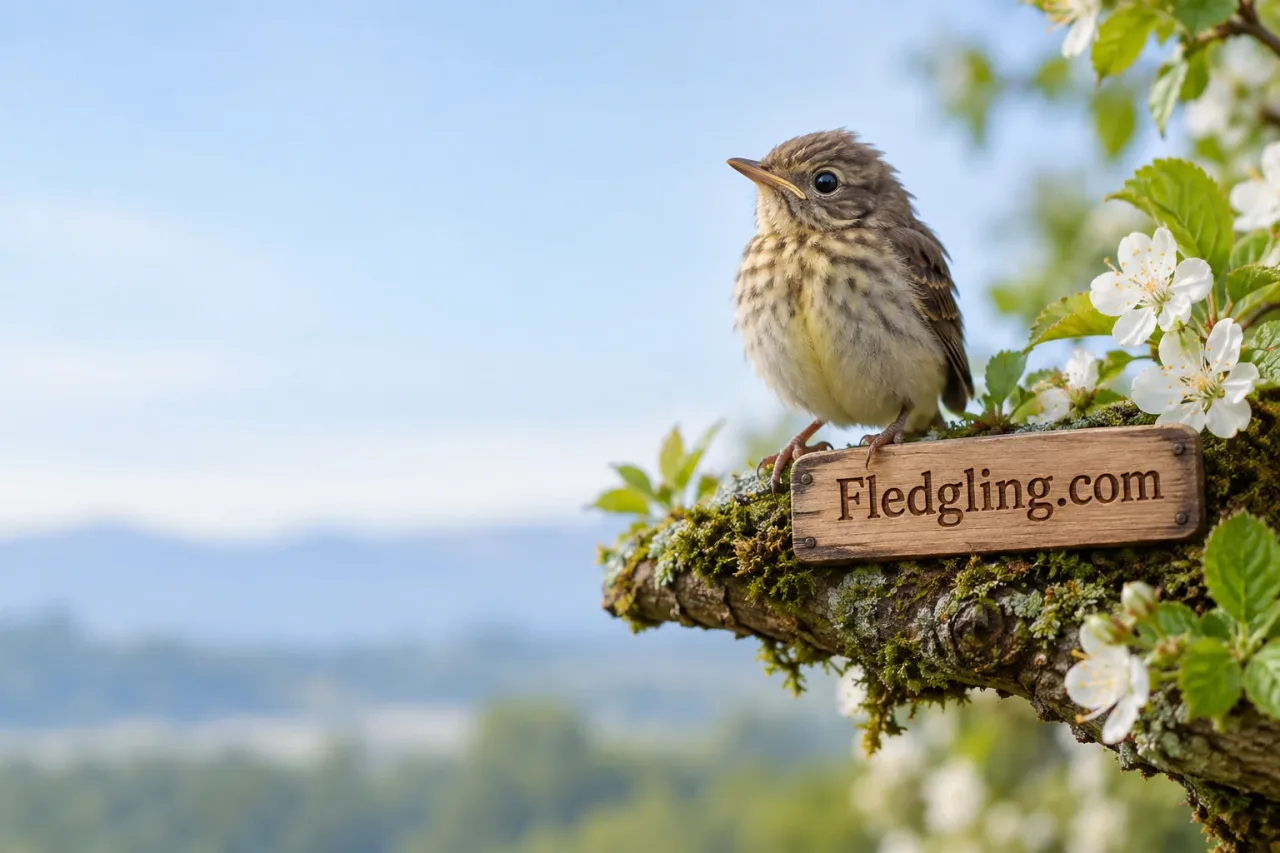 A young songbird beside a wooden Fledgling.com plaque in spring light