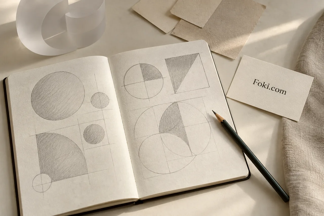 Foki.com card beside a geometric sketchbook and pencil in soft daylight