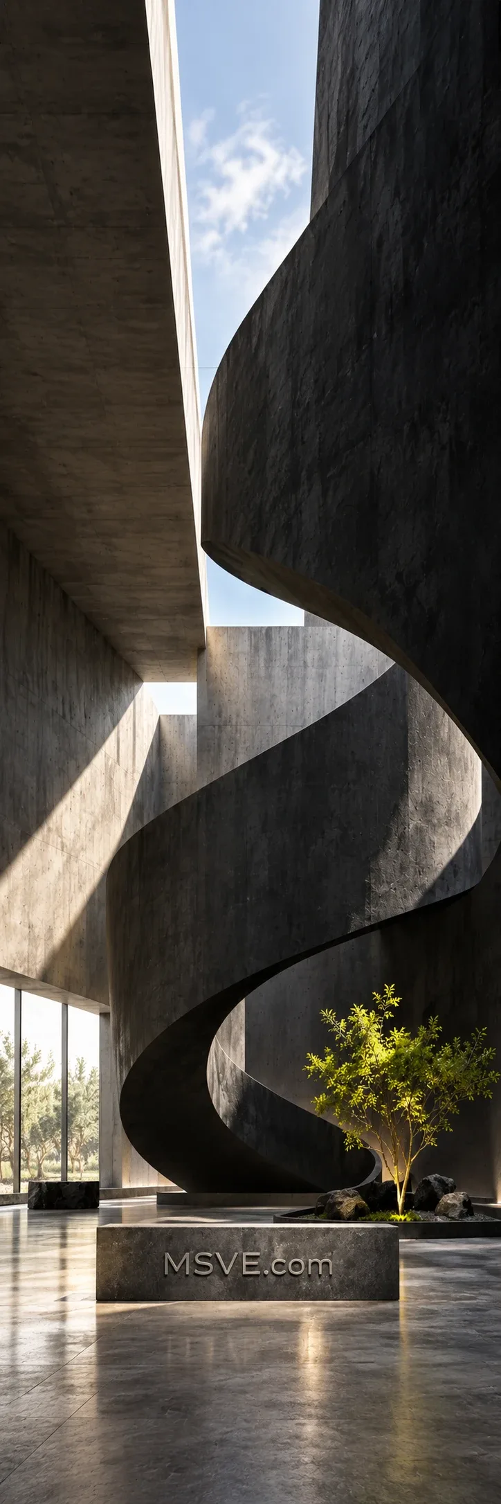 Monumental concrete architecture with lime light and MSVE.com carved into the lower central wall