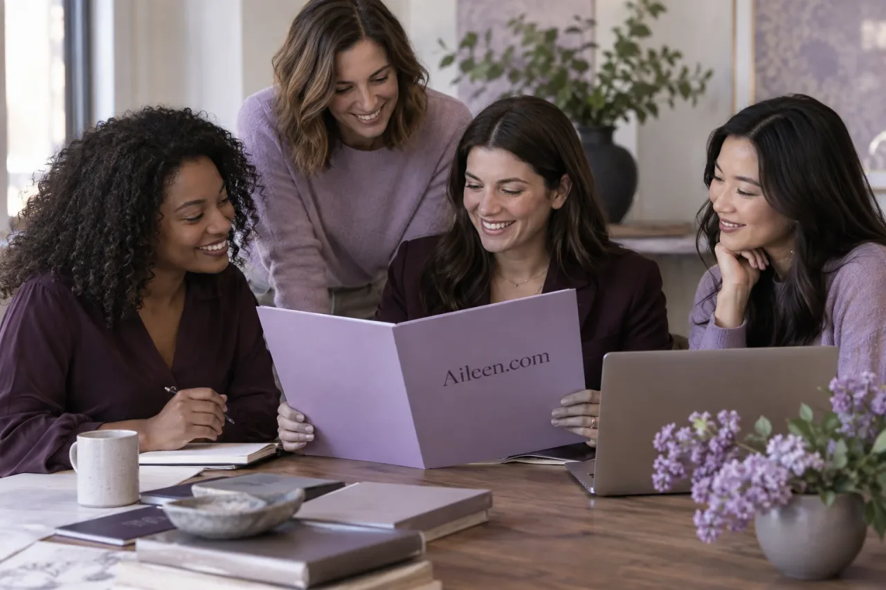 A client services team reviewing work beside Aileen.com branding