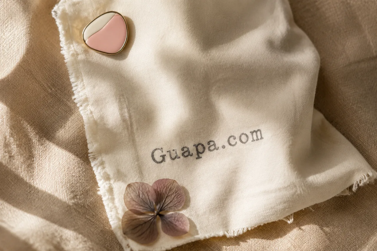 Cream card with the Guapa.com wordmark beside a pressed flower