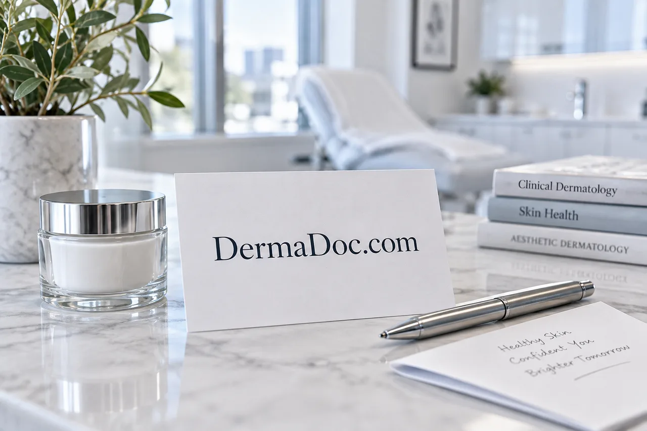 DermaDoc.com matte stationery on a softly lit clinical surface