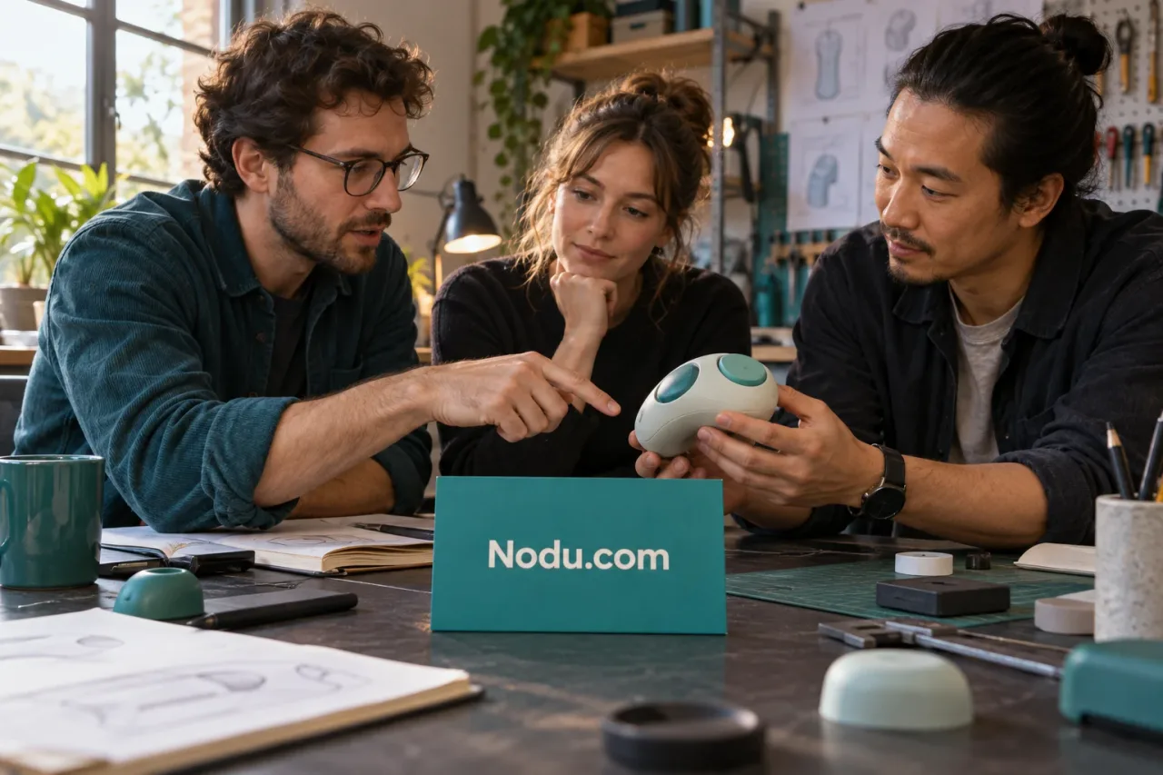 A collaborative workspace and materials displaying Nodu.com.