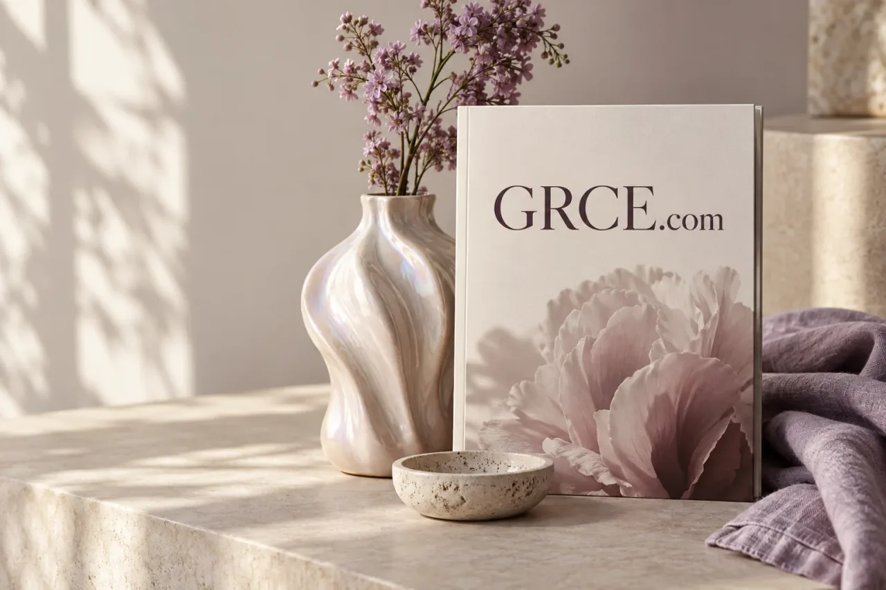 GRCE.com editorial cover with sculptural ceramics and plum fabric