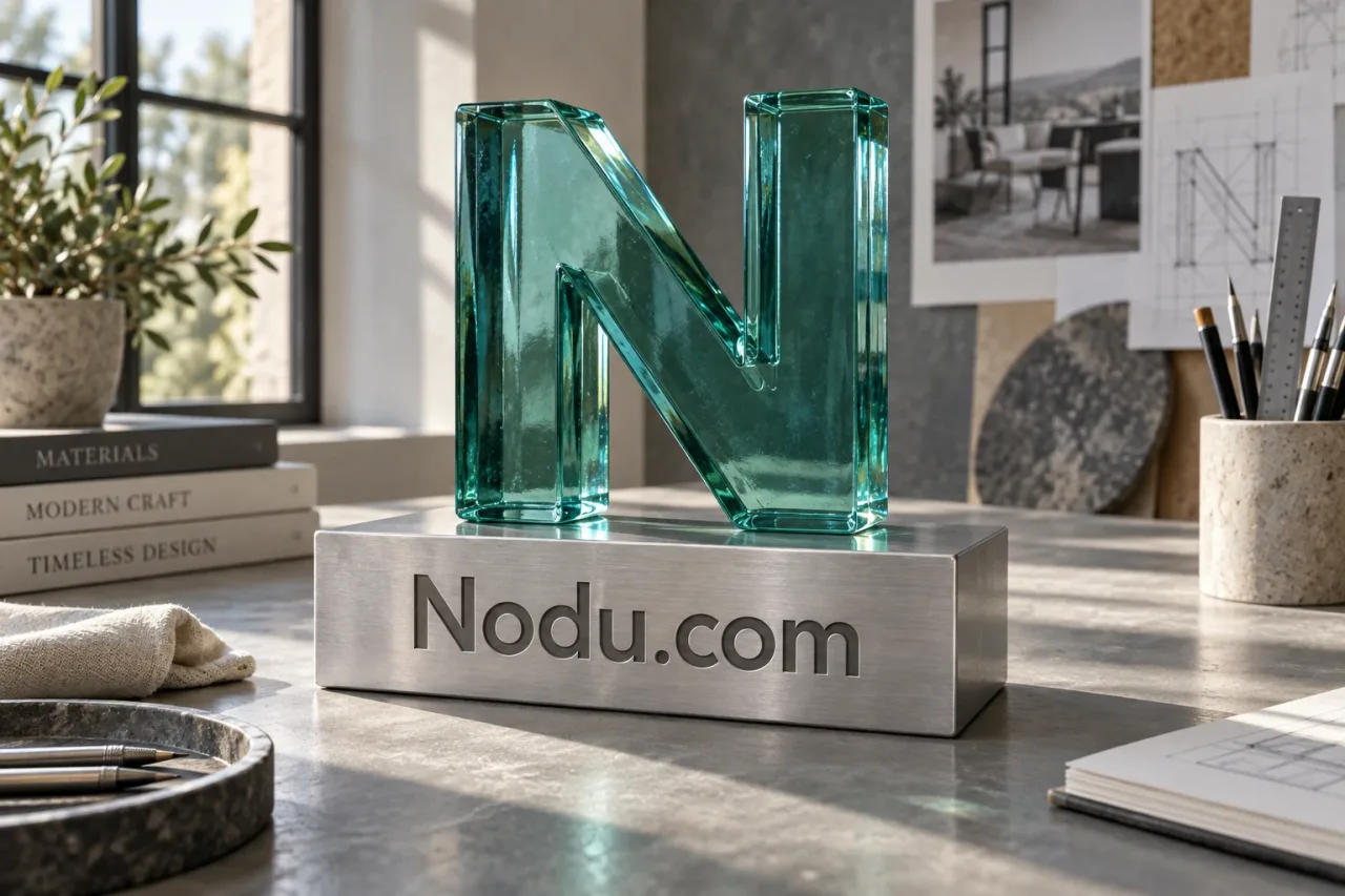 Teal glass and aluminum workspace details with the Nodu.com name.
