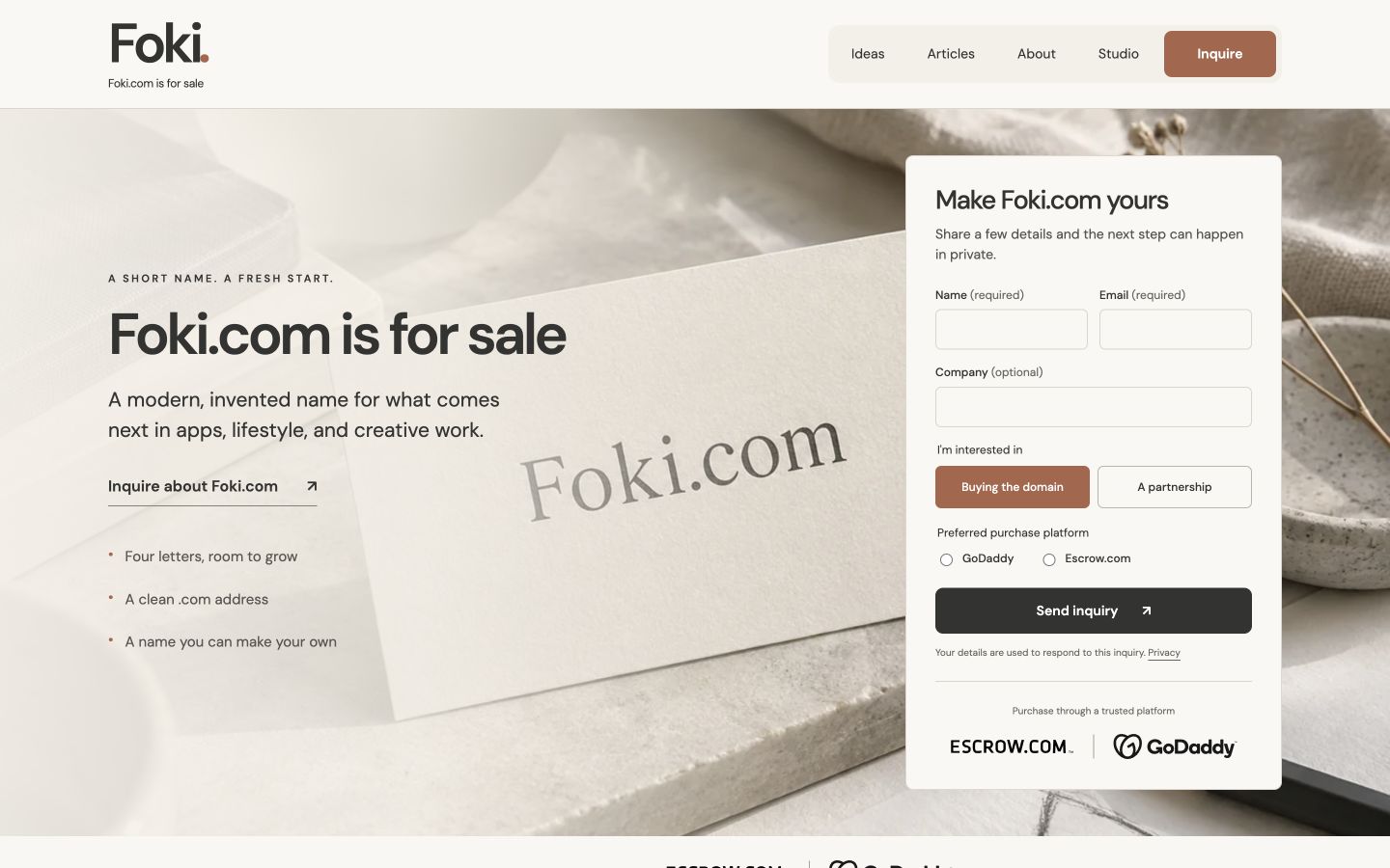 Screenshot of the actual Foki.com homepage