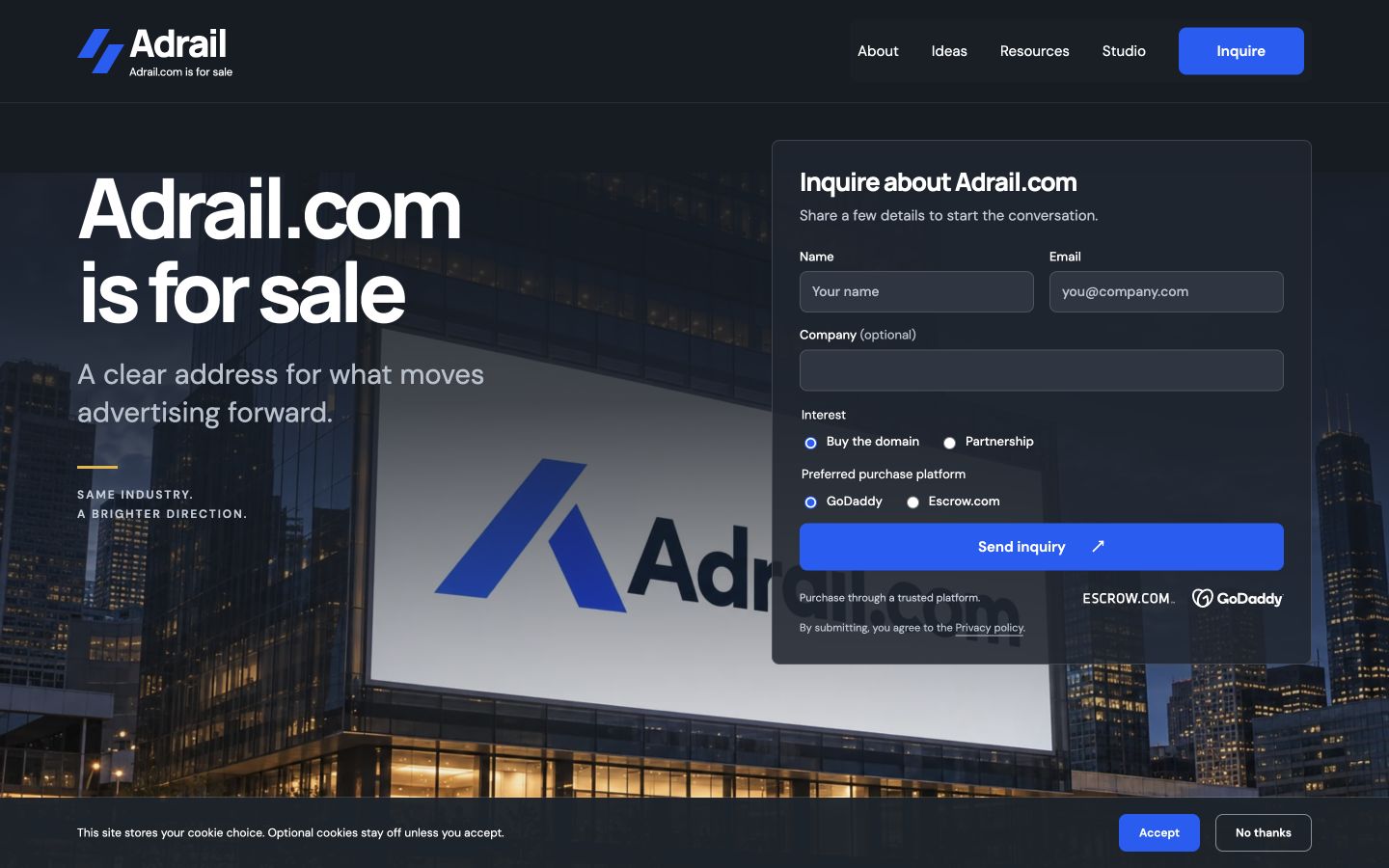 Screenshot of the actual AdRail.com homepage