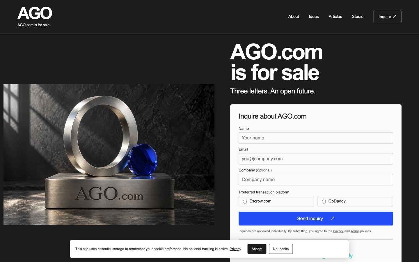 Screenshot of the actual AGO.com homepage