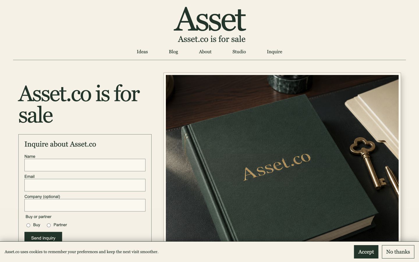 Screenshot of the actual Asset.co homepage