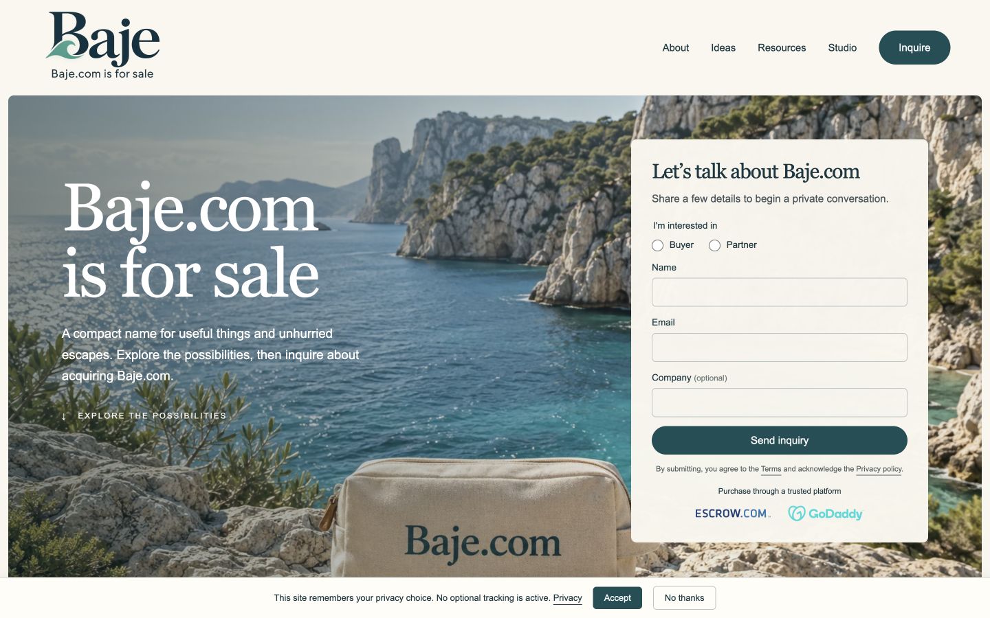 Screenshot of the actual Baje.com homepage