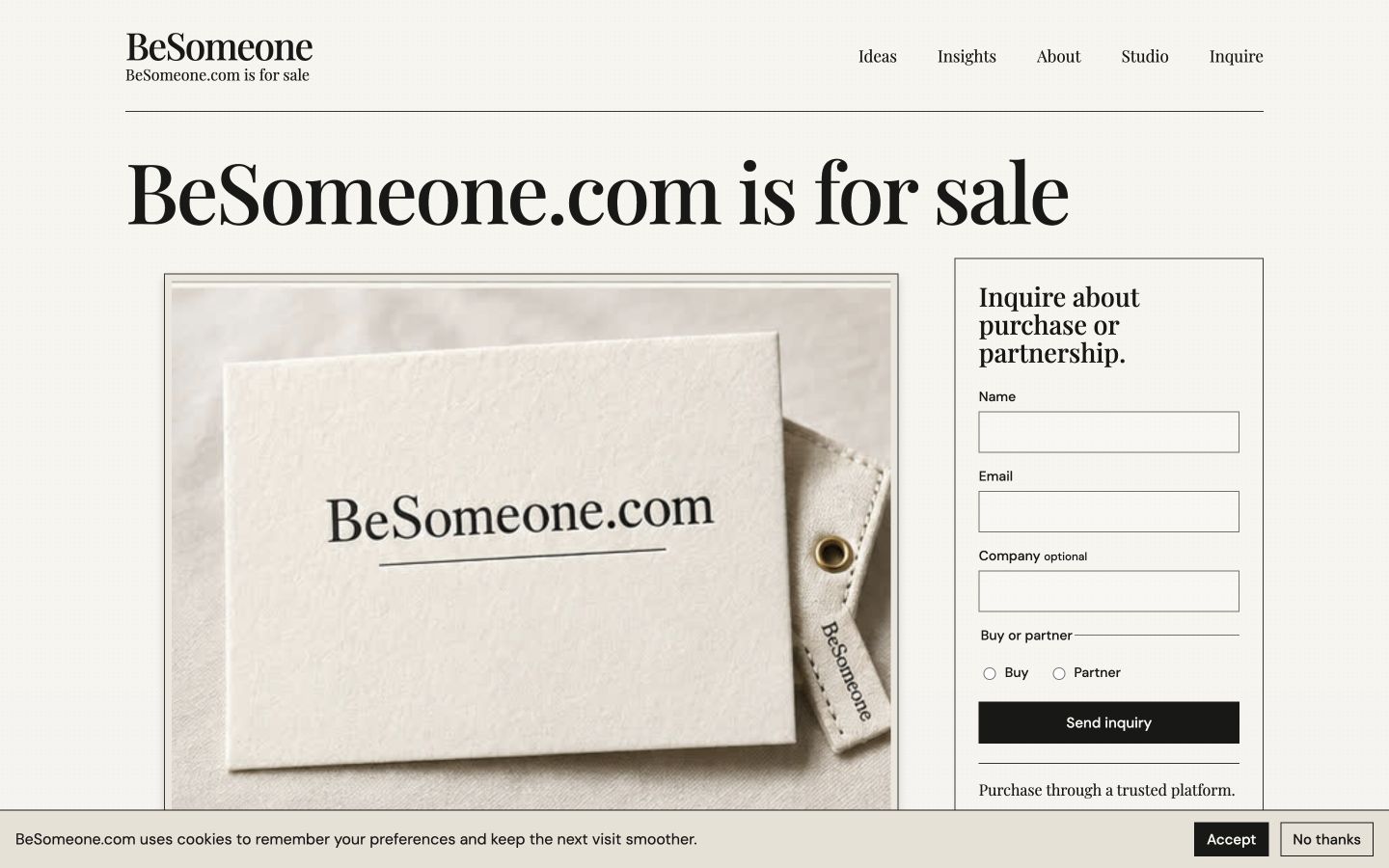 Screenshot of the actual BeSomeone.com homepage