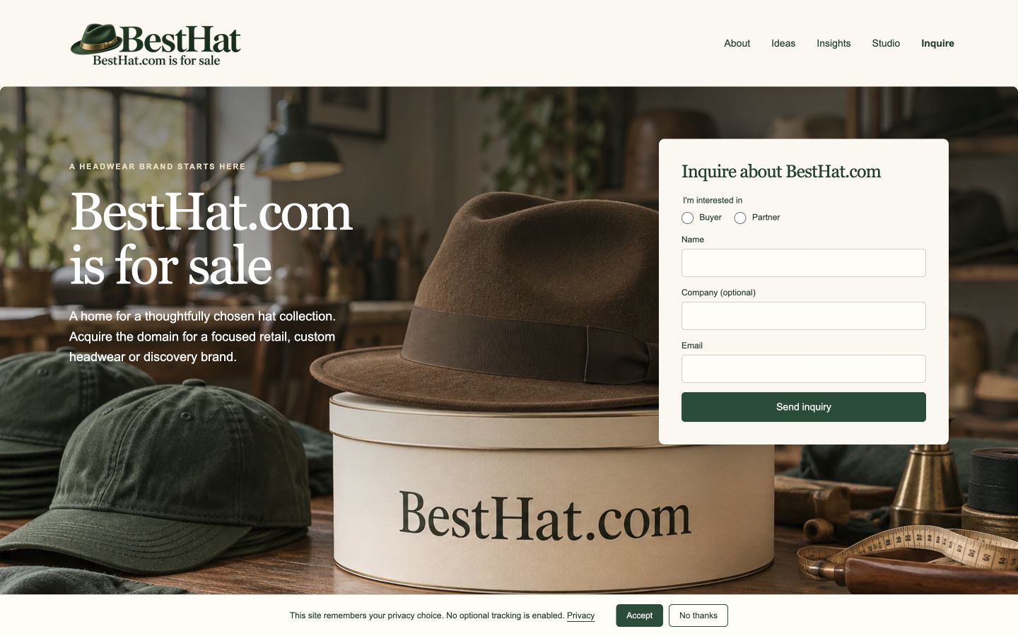 Screenshot of the actual BestHat.com homepage