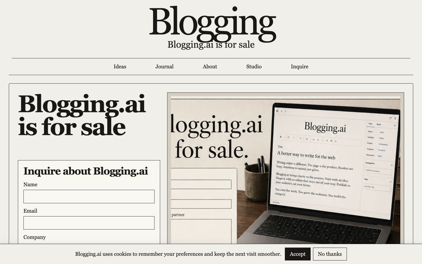 Screenshot of the actual Blogging.ai homepage