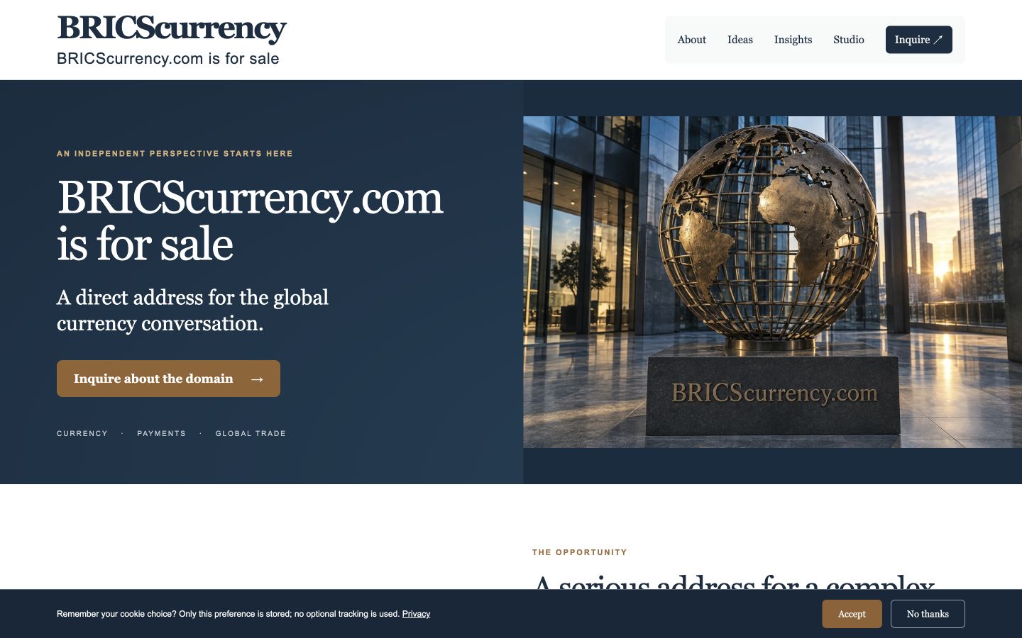 Screenshot of the actual BRICSCurrency.com homepage