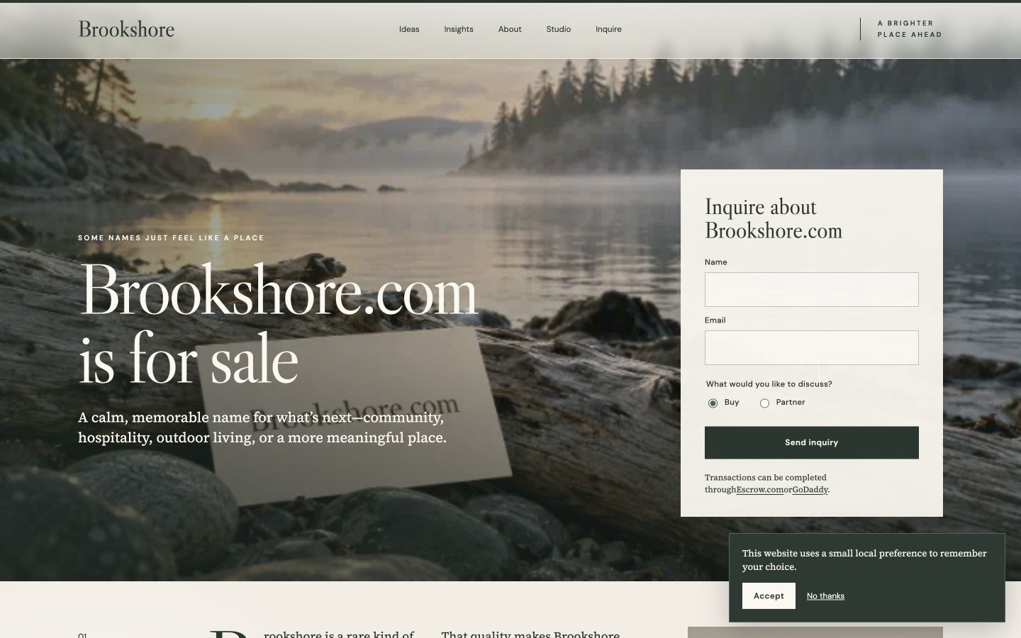 Screenshot of the actual Brookshore.com homepage