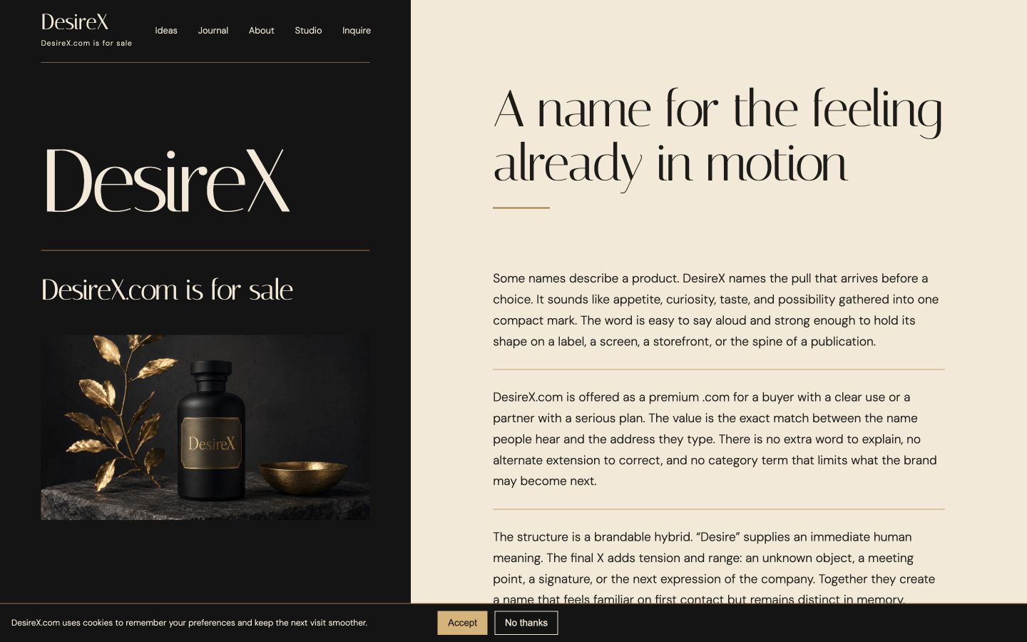 Screenshot of the actual DesireX.com homepage