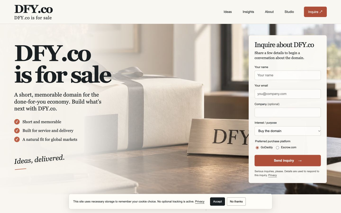 Screenshot of the actual DFY.co homepage