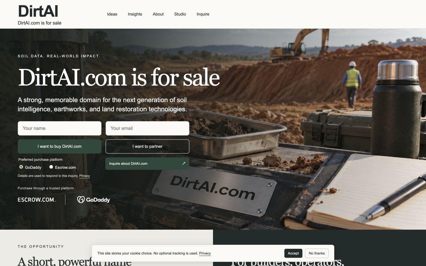 Screenshot of the actual DirtAI.com homepage