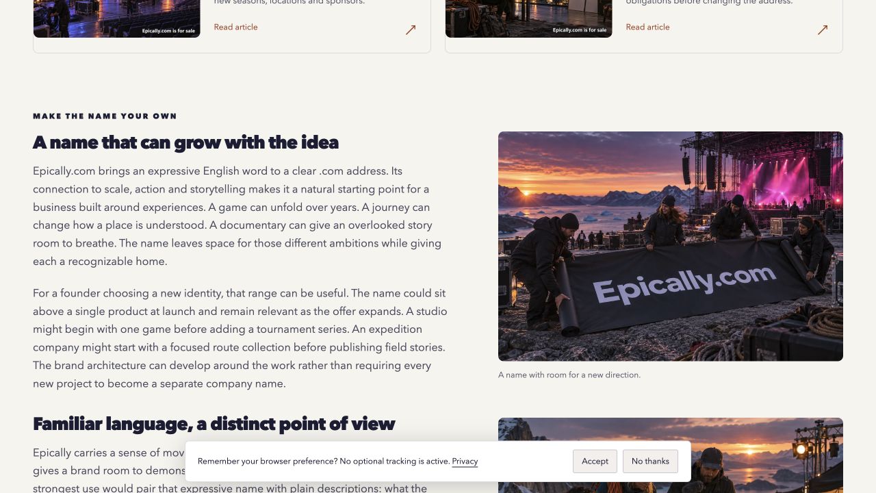 Epically.com current website preview