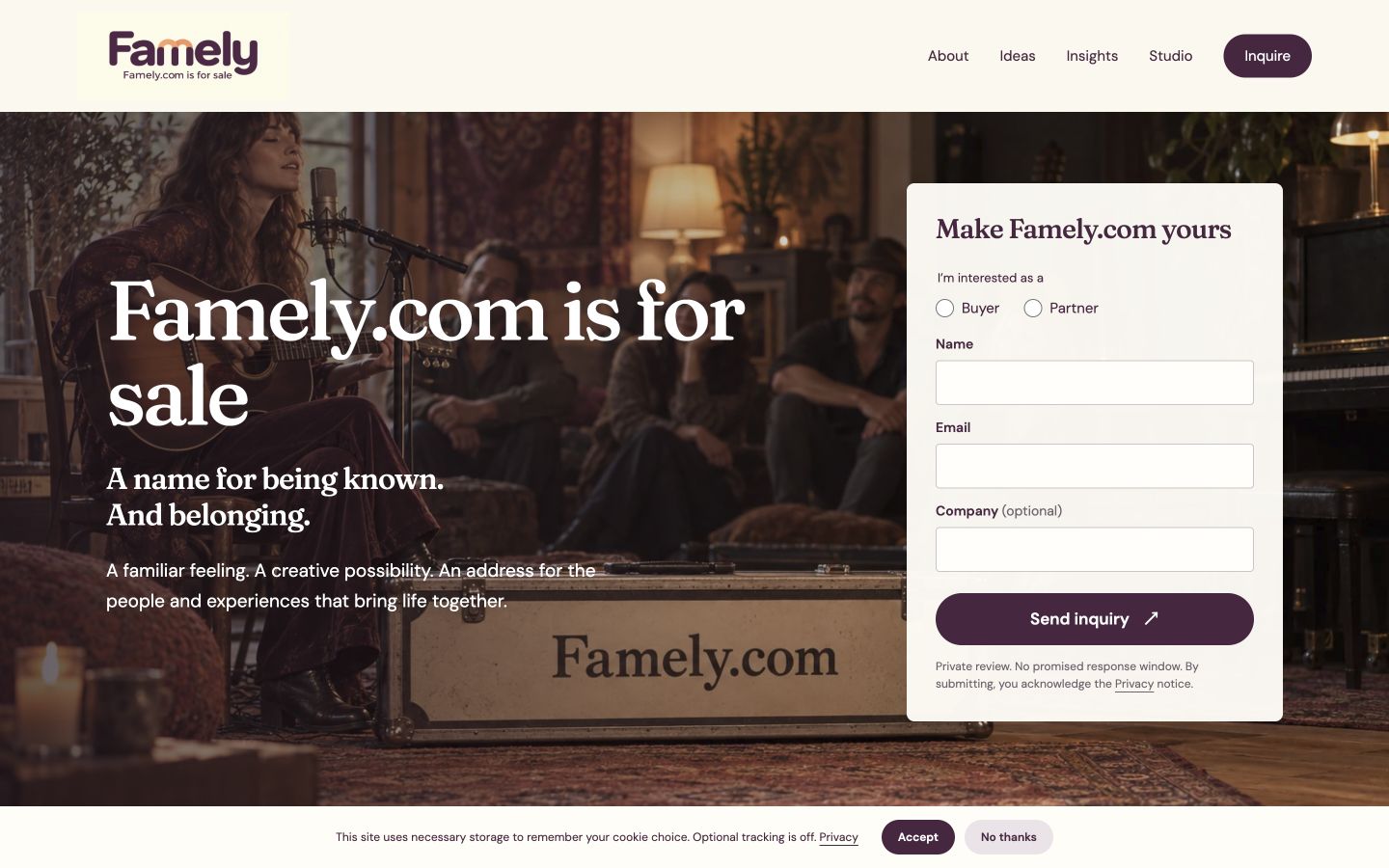 Screenshot of the actual Famely.com homepage