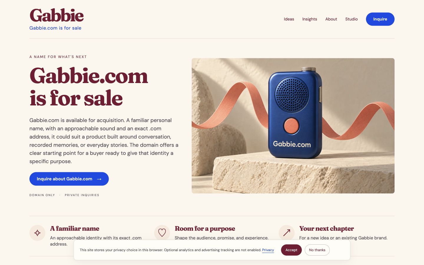 Screenshot of the actual Gabbie.com homepage
