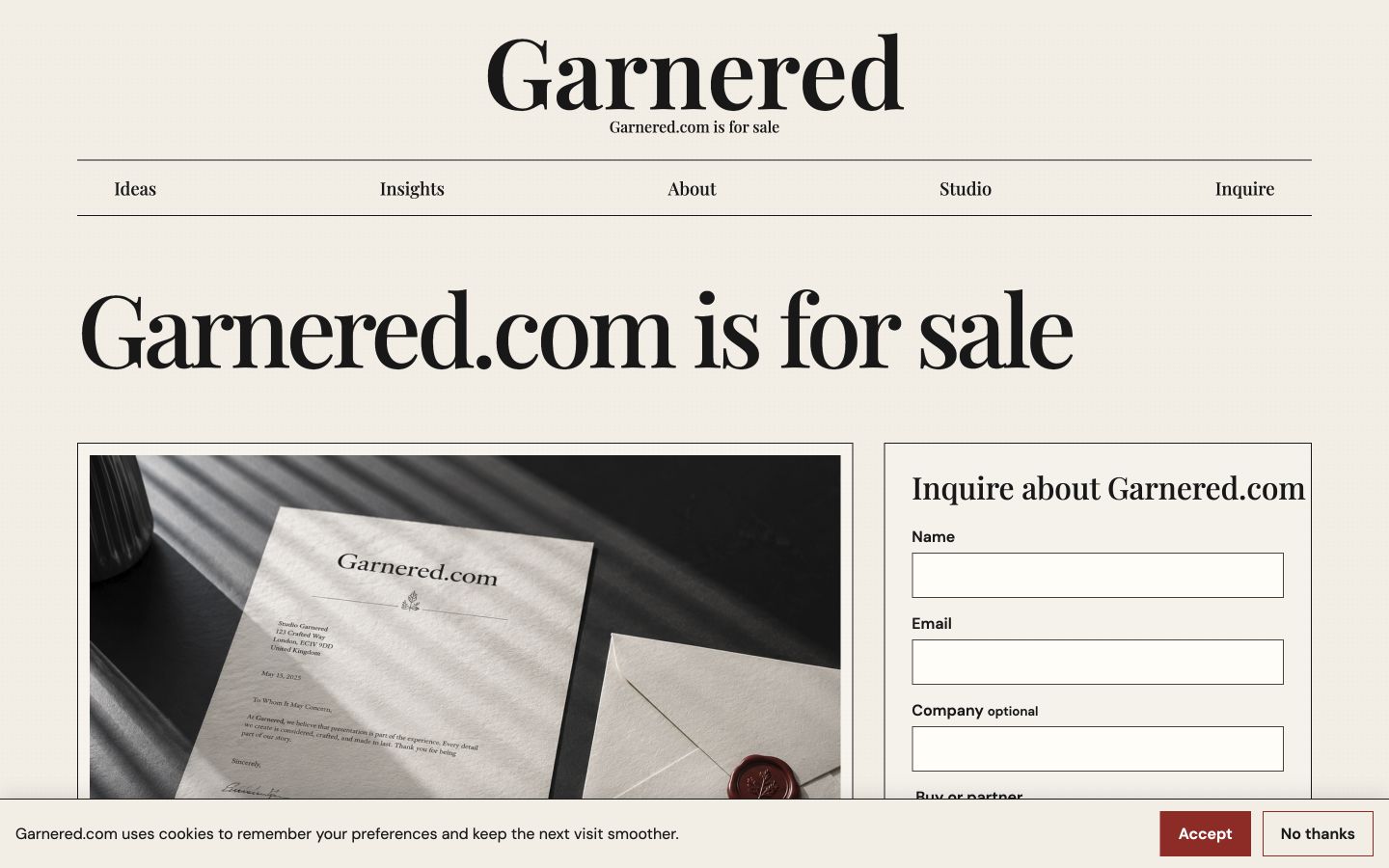Screenshot of the actual Garnered.com homepage