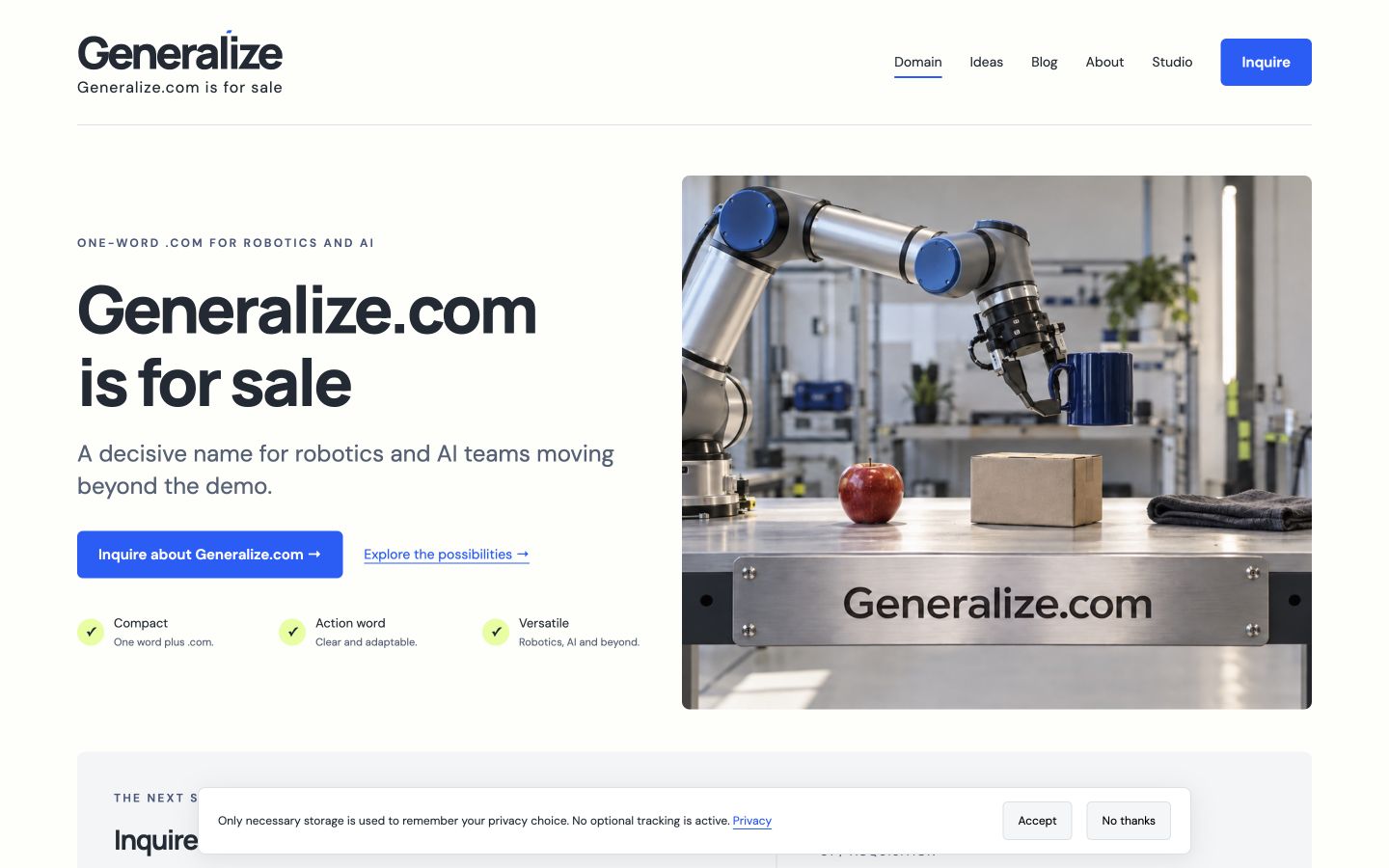Screenshot of the actual Generalize.com homepage