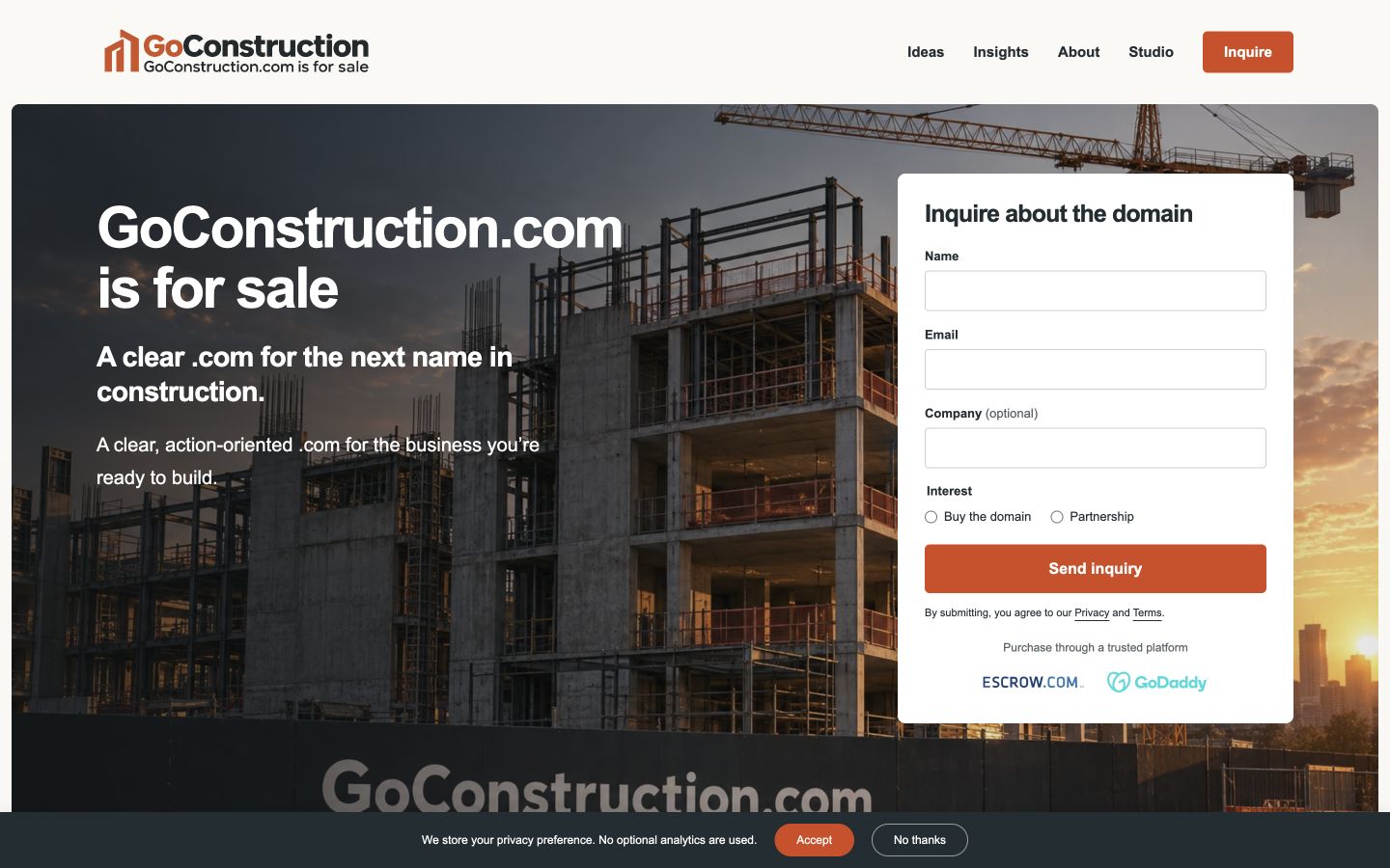 Screenshot of the actual GoConstruction.com homepage