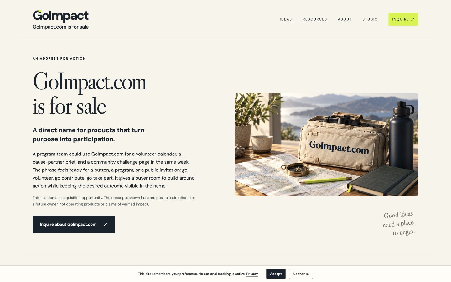 Screenshot of the actual GoImpact.com homepage