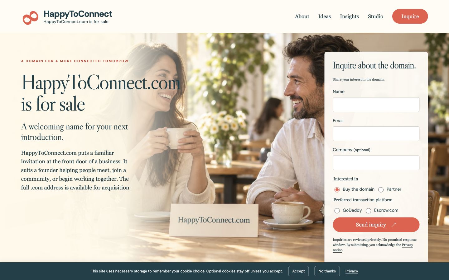 Screenshot of the actual HappyToConnect.com homepage