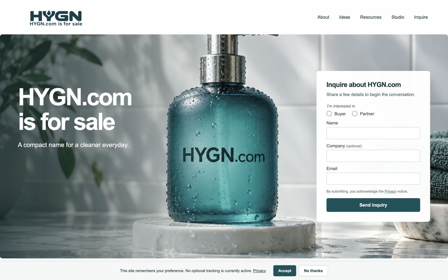 Screenshot of the actual HYGN.com homepage