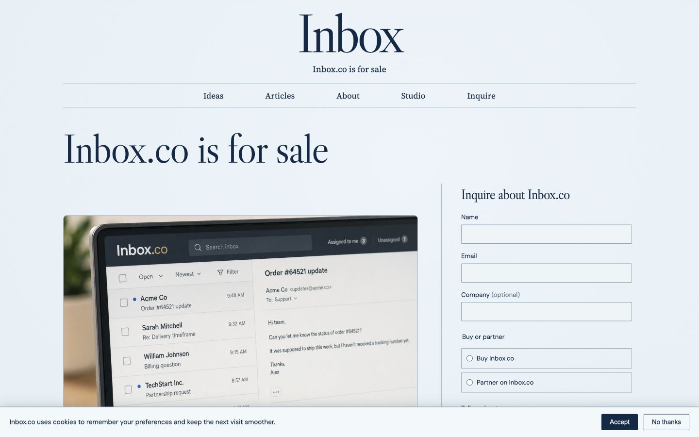 Screenshot of the actual Inbox.co homepage