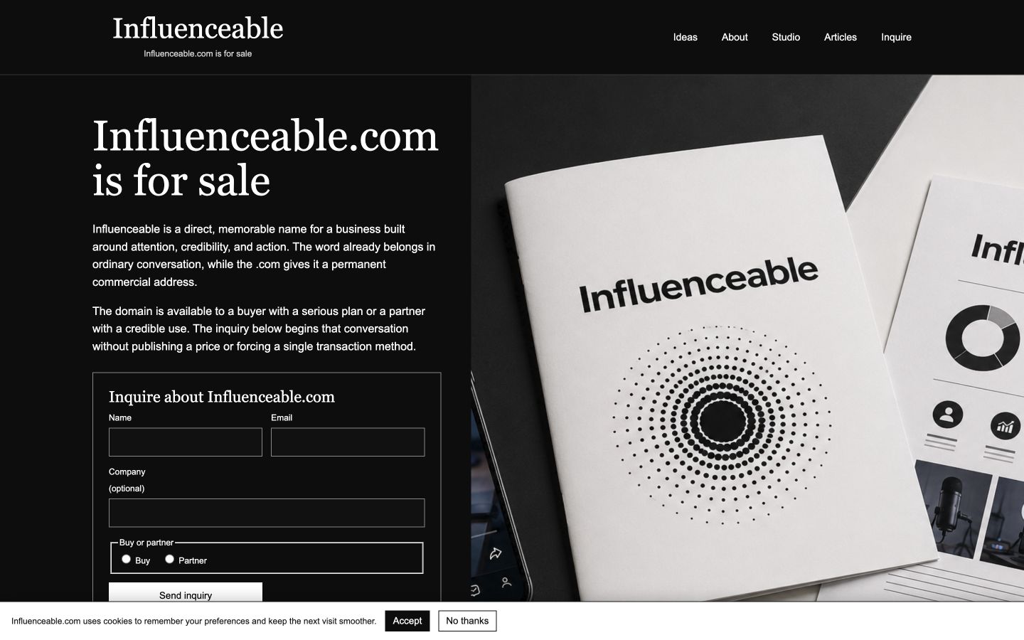 Screenshot of the actual Influenceable.com homepage