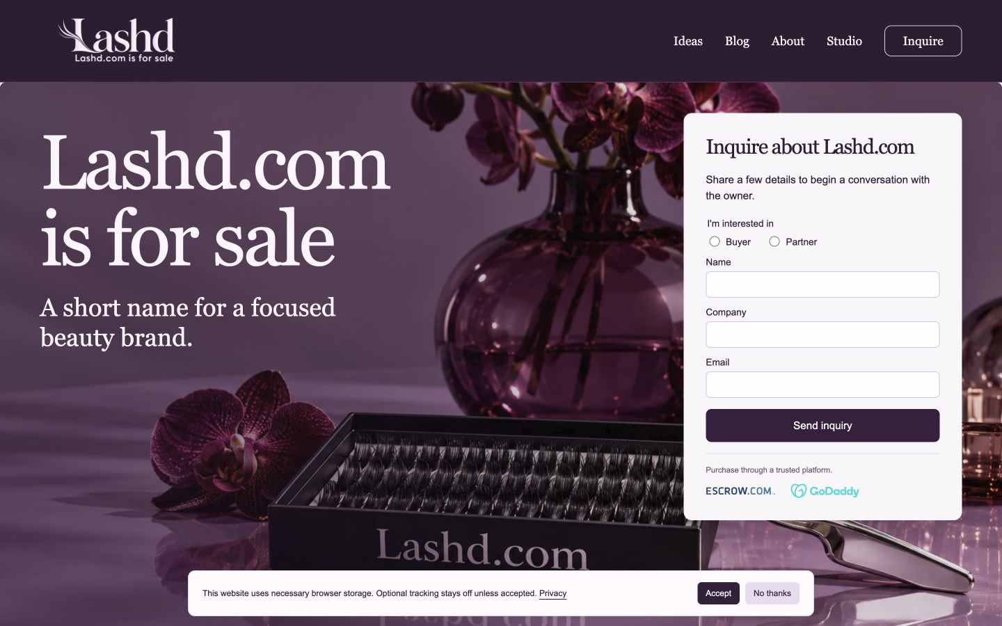 Screenshot of the actual Lashd.com homepage