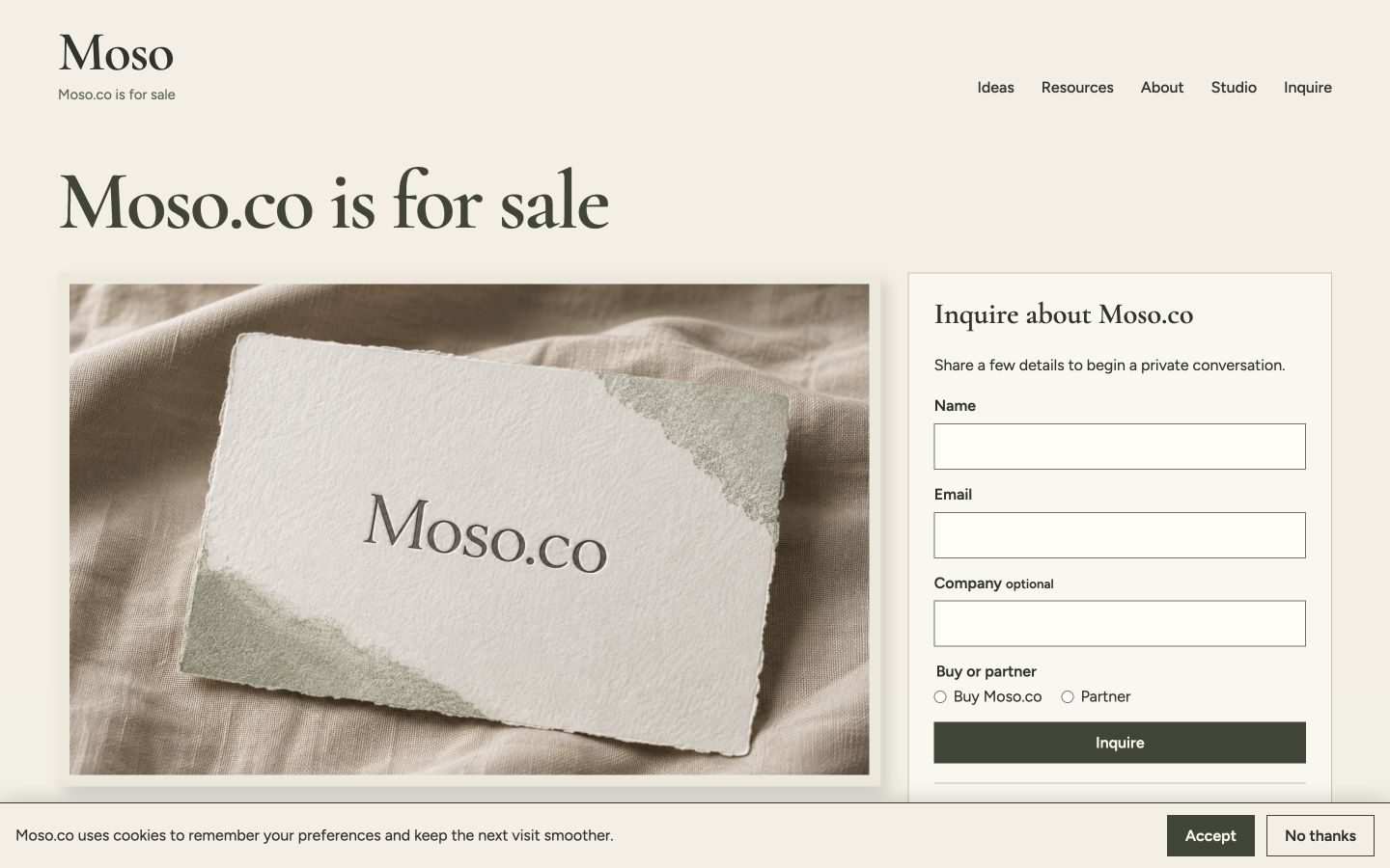 Screenshot of the actual Moso.co homepage