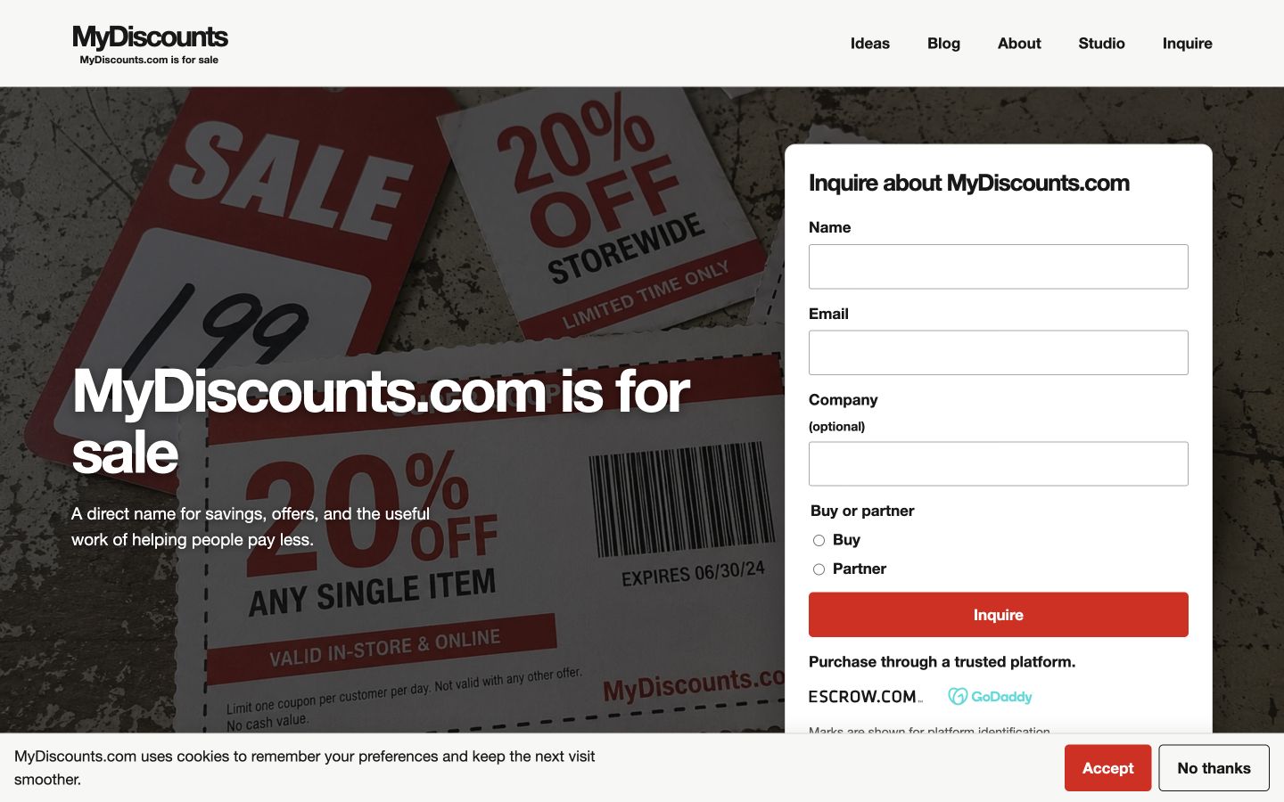 Screenshot of the actual MyDiscounts.com homepage
