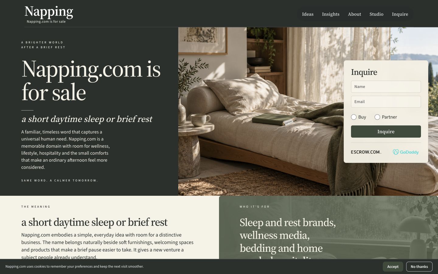 Screenshot of the actual Napping.com homepage