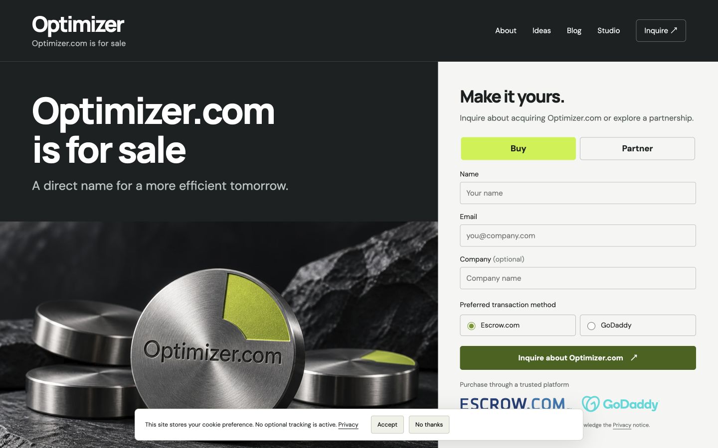Screenshot of the actual Optimizer.com homepage