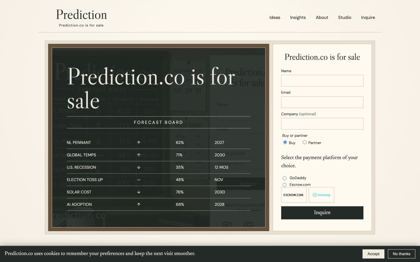 Screenshot of the actual Prediction.co homepage