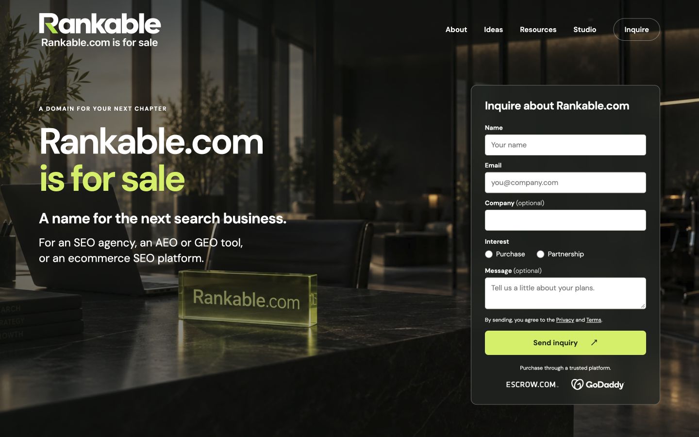 Screenshot of the actual Rankable.com homepage