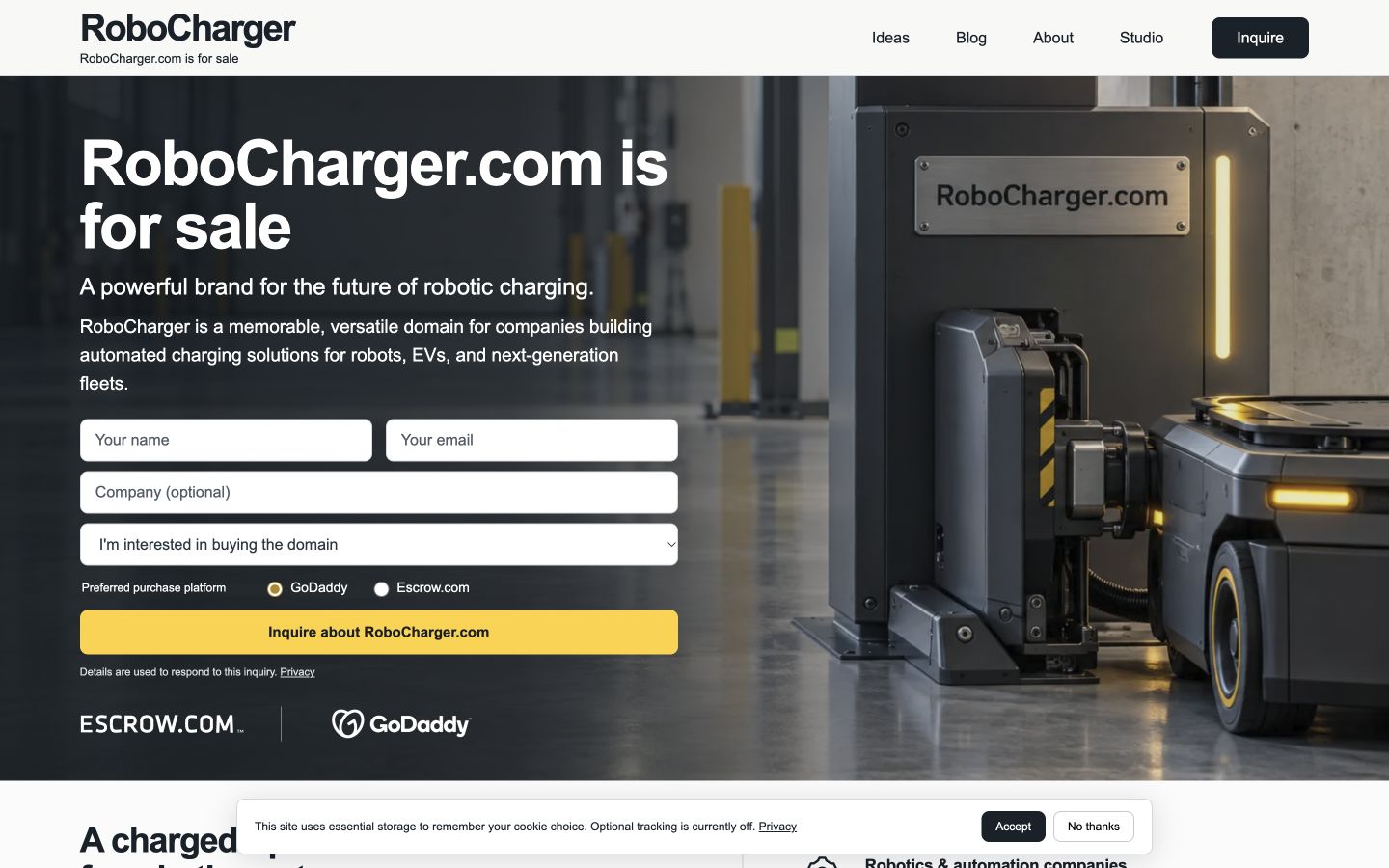 Screenshot of the actual RoboCharger.com homepage