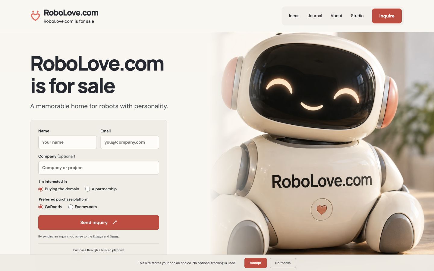 Screenshot of the actual RoboLove.com homepage