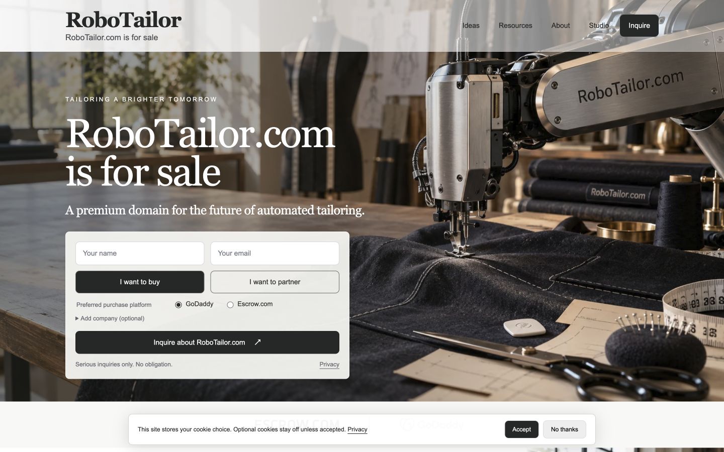 Screenshot of the actual RoboTailor.com homepage